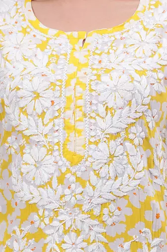 hand embroidered yellow mal-mal lucknowi chikan kurta