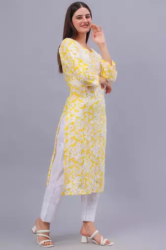hand embroidered yellow mal-mal lucknowi chikan kurta