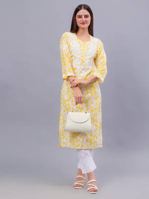 hand embroidered yellow mal-mal lucknowi chikan kurta 5