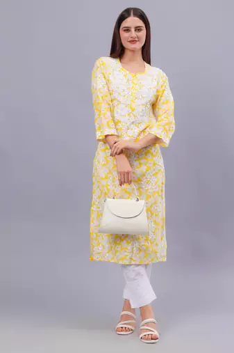 hand embroidered yellow mal-mal lucknowi chikan kurta