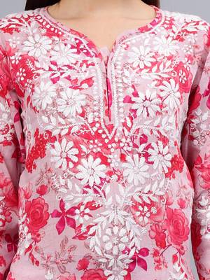 hand embroidered pink mal-mal lucknowi chikan kurta 3