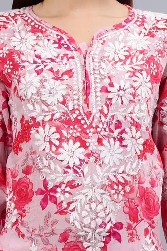 hand embroidered pink mal-mal lucknowi chikan kurta