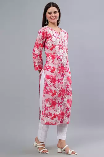 hand embroidered pink mal-mal lucknowi chikan kurta