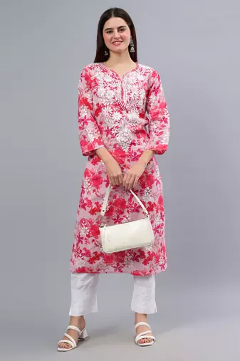 hand embroidered pink mal-mal lucknowi chikan kurta