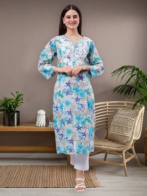 hand embroidered blue mal-mal lucknowi chikan kurta 1