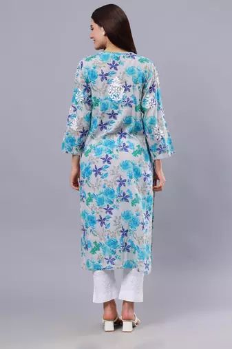 hand embroidered blue mal-mal lucknowi chikan kurta