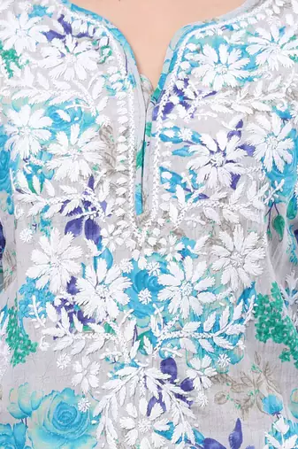 hand embroidered blue mal-mal lucknowi chikan kurta