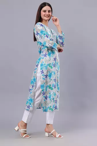 hand embroidered blue mal-mal lucknowi chikan kurta