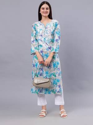 hand embroidered blue mal-mal lucknowi chikan kurta 5
