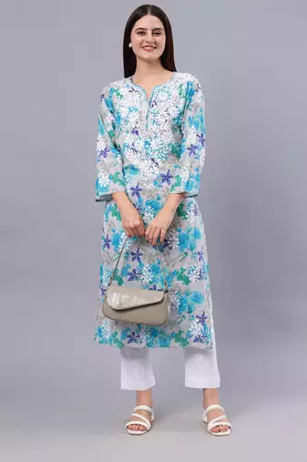 hand embroidered blue mal-mal lucknowi chikan kurta