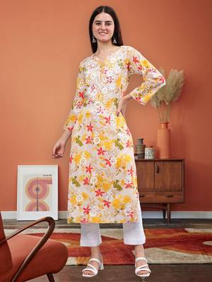 hand embroidered yellow mal-mal lucknowi chikan kurta 1