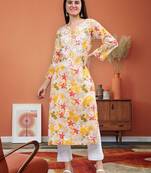 hand embroidered yellow mal-mal lucknowi chikan kurta