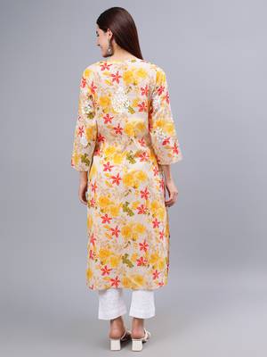 hand embroidered yellow mal-mal lucknowi chikan kurta 2