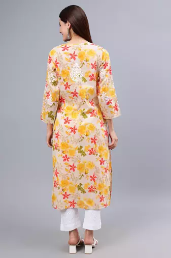 hand embroidered yellow mal-mal lucknowi chikan kurta