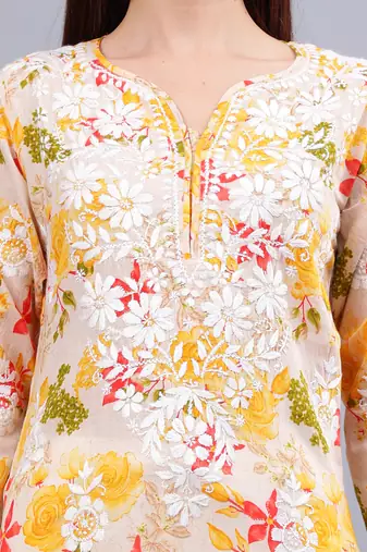 hand embroidered yellow mal-mal lucknowi chikan kurta