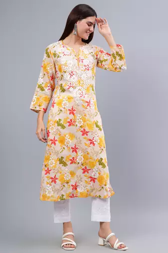 hand embroidered yellow mal-mal lucknowi chikan kurta