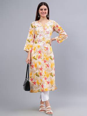 hand embroidered yellow mal-mal lucknowi chikan kurta 5