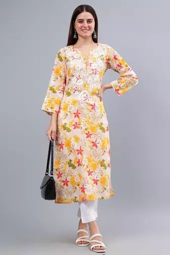 hand embroidered yellow mal-mal lucknowi chikan kurta
