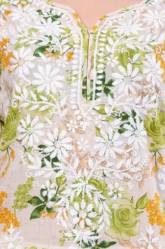 hand embroidered green mal-mal lucknowi chikan kurta