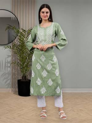 hand embroidered green rayon lucknowi chikan kurta 1