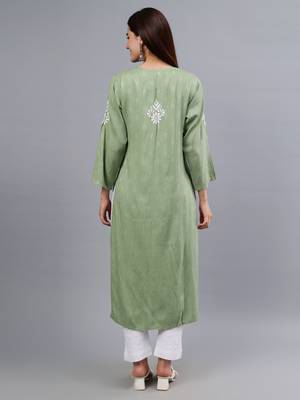 hand embroidered green rayon lucknowi chikan kurta 2