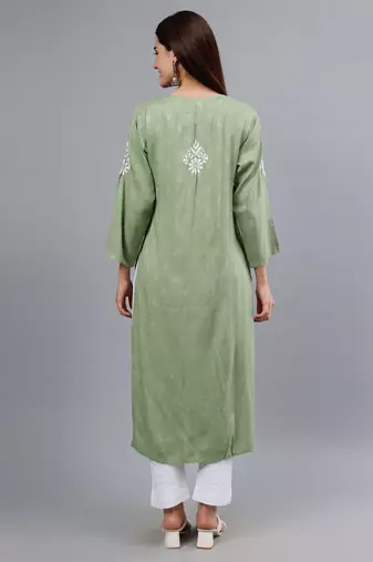 hand embroidered green rayon lucknowi chikan kurta