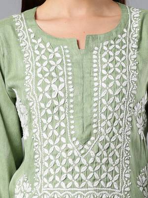 hand embroidered green rayon lucknowi chikan kurta 3
