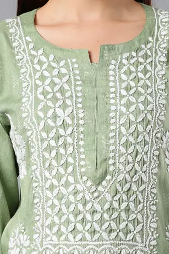 hand embroidered green rayon lucknowi chikan kurta