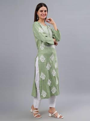 hand embroidered green rayon lucknowi chikan kurta 4