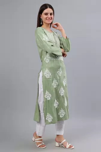 hand embroidered green rayon lucknowi chikan kurta