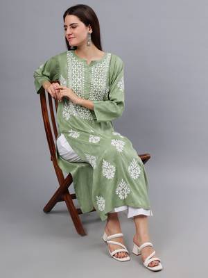 hand embroidered green rayon lucknowi chikan kurta 5