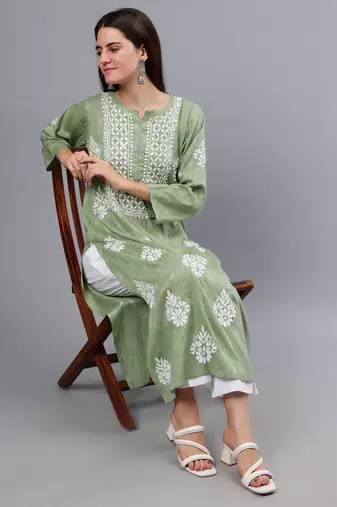 hand embroidered green rayon lucknowi chikan kurta