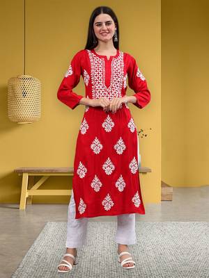 hand embroidered red rayon lucknowi chikan kurta 1