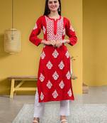 hand embroidered red rayon lucknowi chikan kurta