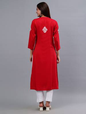 hand embroidered red rayon lucknowi chikan kurta 2