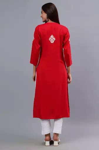 hand embroidered red rayon lucknowi chikan kurta