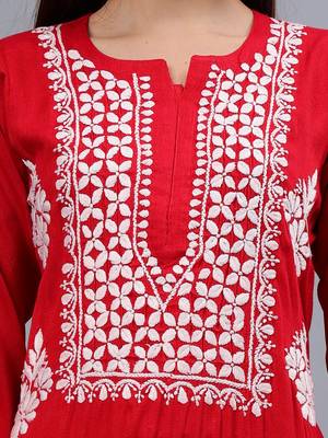 hand embroidered red rayon lucknowi chikan kurta 3