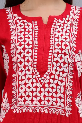hand embroidered red rayon lucknowi chikan kurta