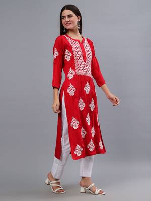 hand embroidered red rayon lucknowi chikan kurta 4