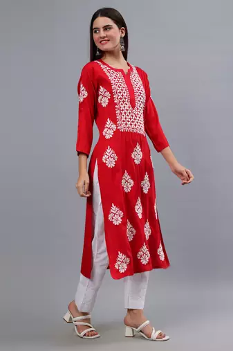 hand embroidered red rayon lucknowi chikan kurta