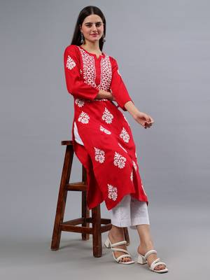 hand embroidered red rayon lucknowi chikan kurta 5