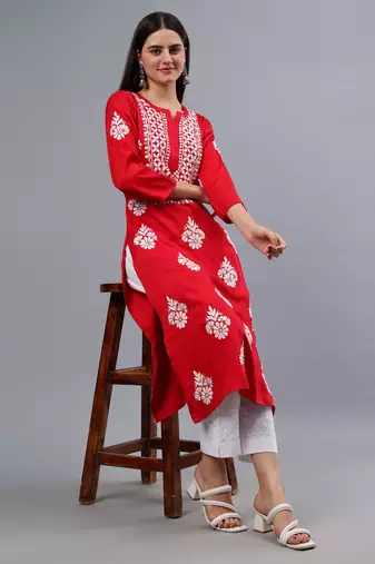 hand embroidered red rayon lucknowi chikan kurta