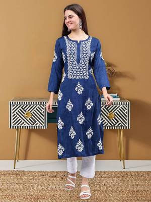 hand embroidered navy blue rayon lucknowi chikan kurta 1