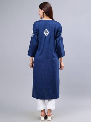 hand embroidered navy blue rayon lucknowi chikan kurta 2