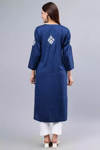 hand embroidered navy blue rayon lucknowi chikan kurta
