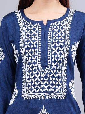 hand embroidered navy blue rayon lucknowi chikan kurta 3