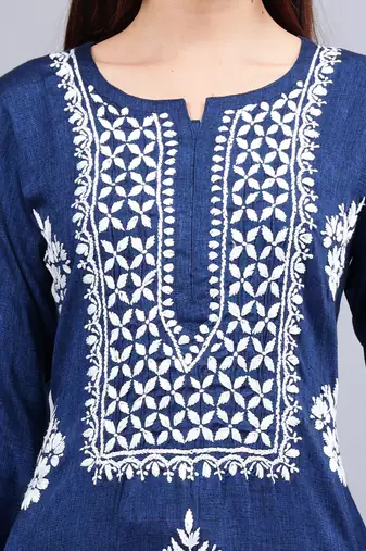 hand embroidered navy blue rayon lucknowi chikan kurta