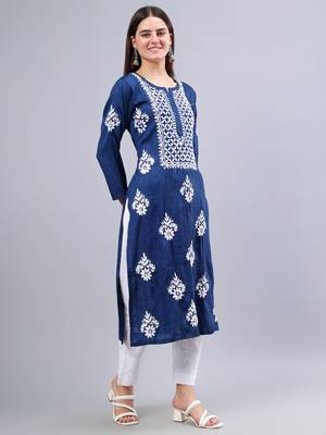 hand embroidered navy blue rayon lucknowi chikan kurta 4