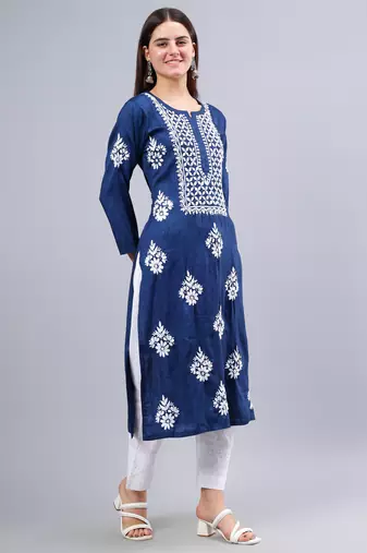 hand embroidered navy blue rayon lucknowi chikan kurta