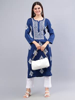 hand embroidered navy blue rayon lucknowi chikan kurta 5